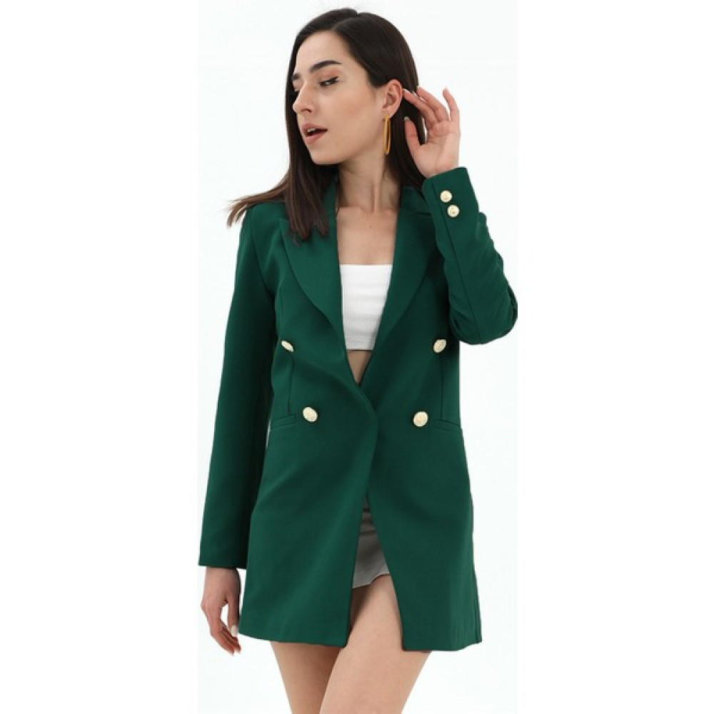 Albi Moda Omuzları Vatkalı Önü Çıtçıtlı Atlas Kumaş Kadın Blazer Ceket - Zümrüt Bayan Ceket Fiyatı