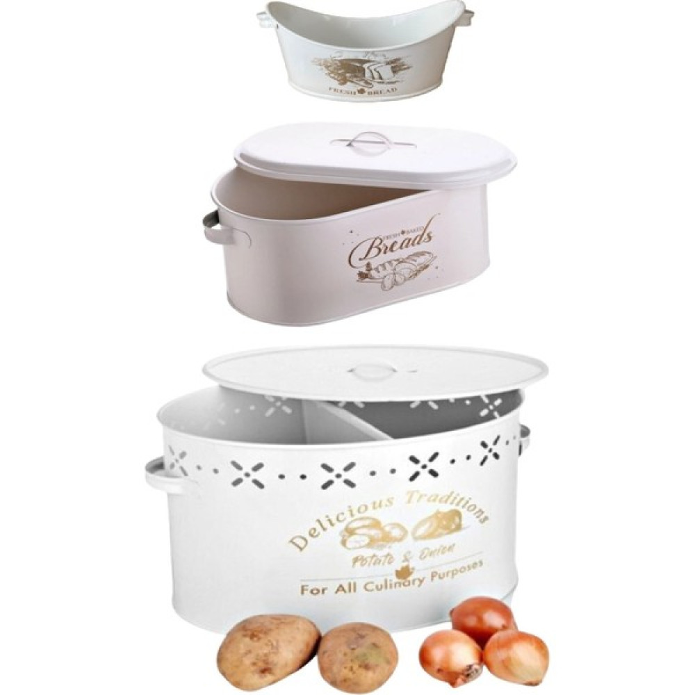 AlbiFoni 3’lü Set Metal Kapaklı Ekmeklik Patates Soğanlık ve Sofra Ekmeklik Beyaz Saklama Kapları Fiyatı