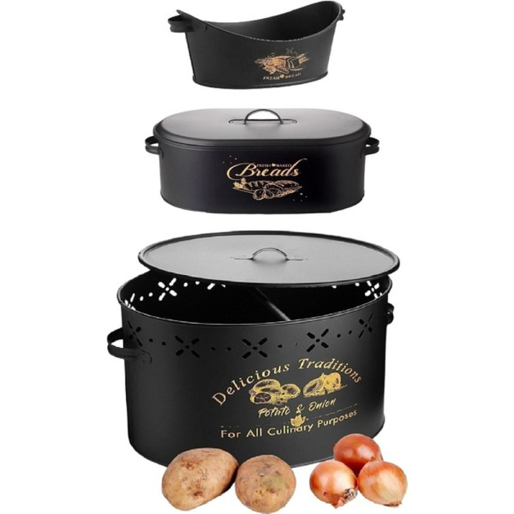 AlbiFoni 3’lü Set Metal Kapaklı Ekmeklik Patates Soğanlık ve Sofra Ekmeklik Siyah Saklama Kapları Fiyatı