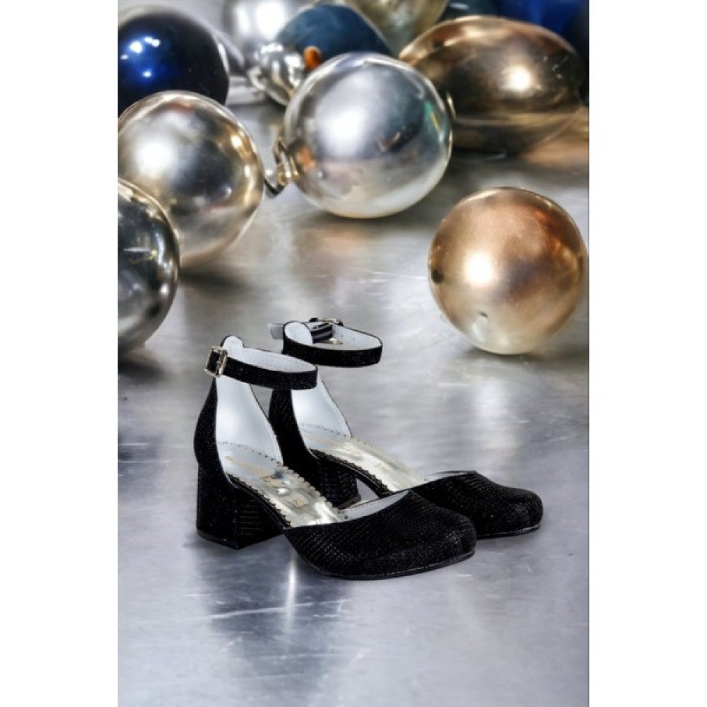 Albishoes Kız Çocuk Tokalı Siyah Simli 4,5 cm Burnu Önü Kapalı Abiye Çocuk Topuklu Ayakkabı Kız Çocuk Terlik & Sandaleti Fiyatı
