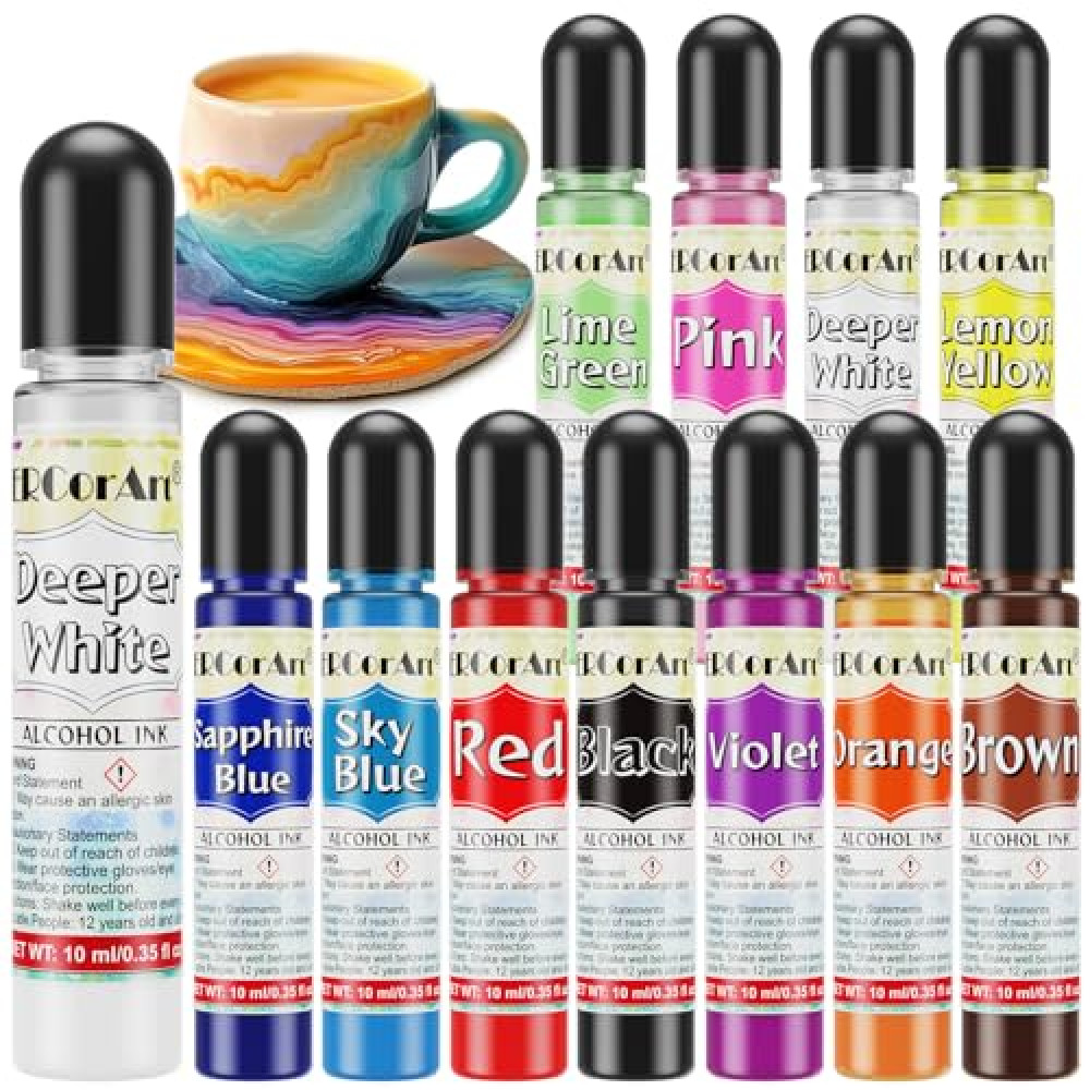 Alcohol Ink - 12 Vibrant Colors Alcohol Inks for Resin, Fast-Drying High Concentrated Resin Color Pigment for Epoxy Resin, Tumbler Making, Fluid Art Painting, Resin Art, Coaster - 0.35Fl oz