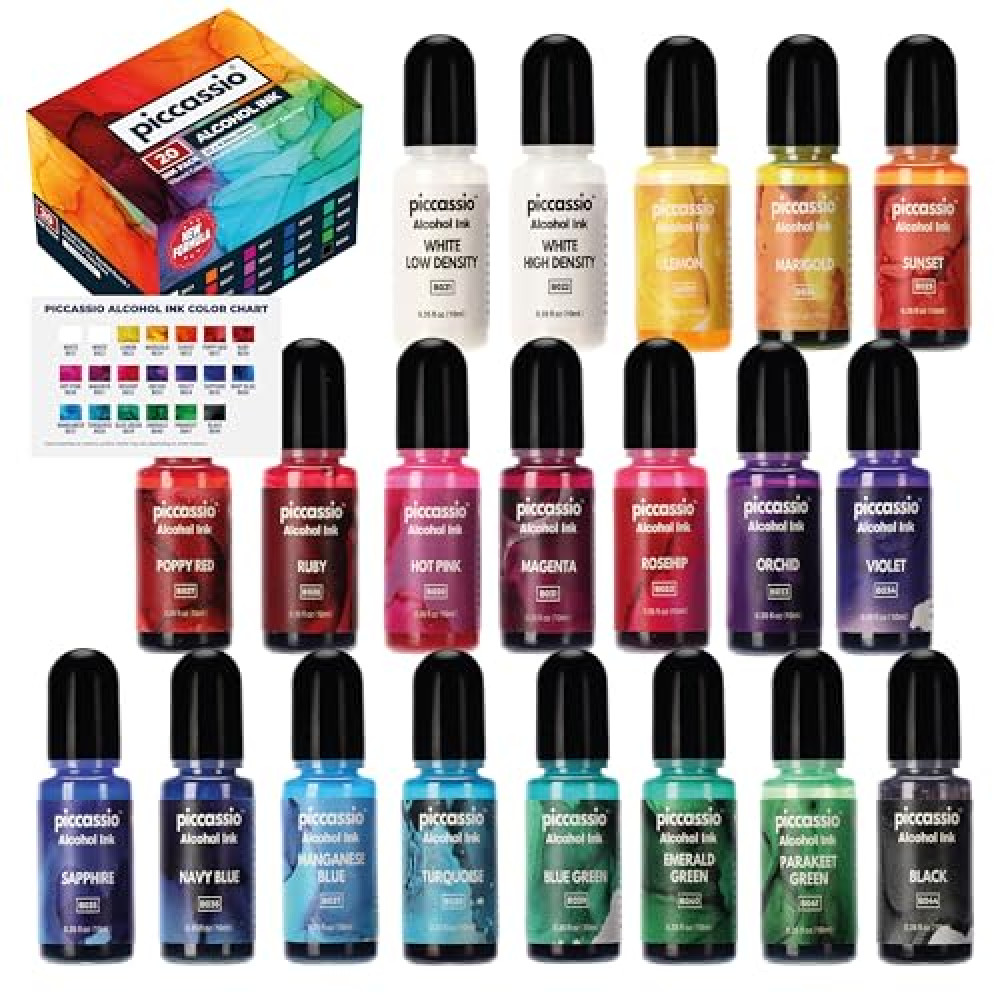 Alcohol Ink Set - 20 Vibrant, Acid-Free, Fast-Drying, Permanent Colors for Epoxy Resin, Fluid Art Painting, Tumblers, Ceramic, Glass, Metal, and More - 20x10ml
