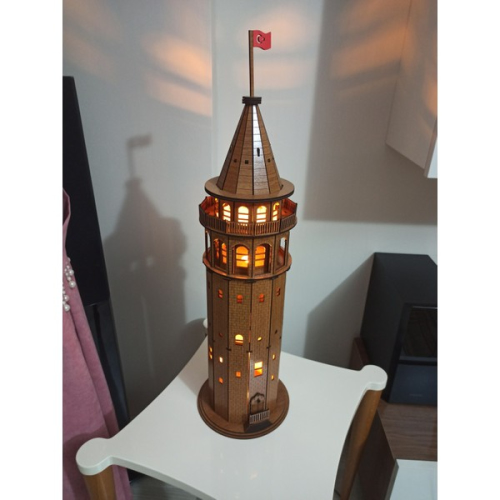 Alda Galata Kulesi Ahşap Işıklı Büyük Boy 60 Cm. Ceviz Renk - Kahverengi Maket Fiyatı