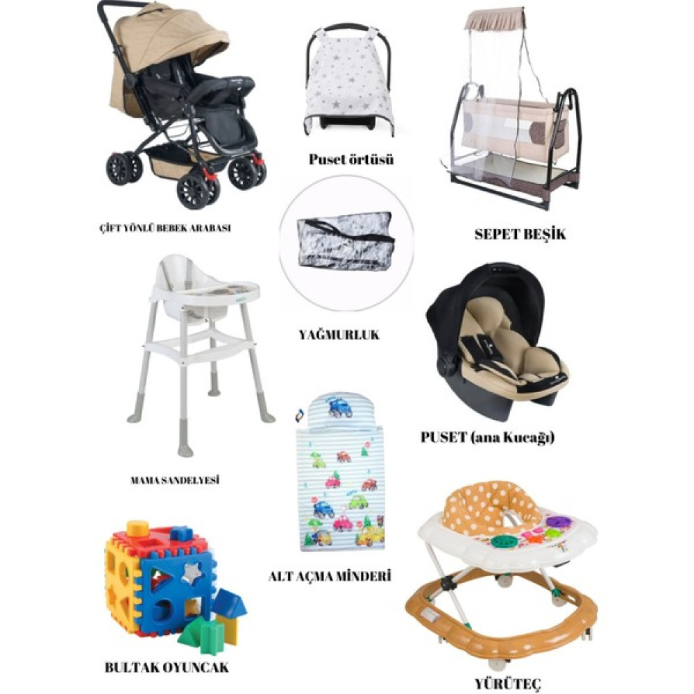 Alderon Baby Bebek Beşiği Çift Yönlü Bebek Arabası Mama Sandelyesi Puset Yürüteç Alt Açma Minderi Yağmurluk - Bej Beşik Fiyatı