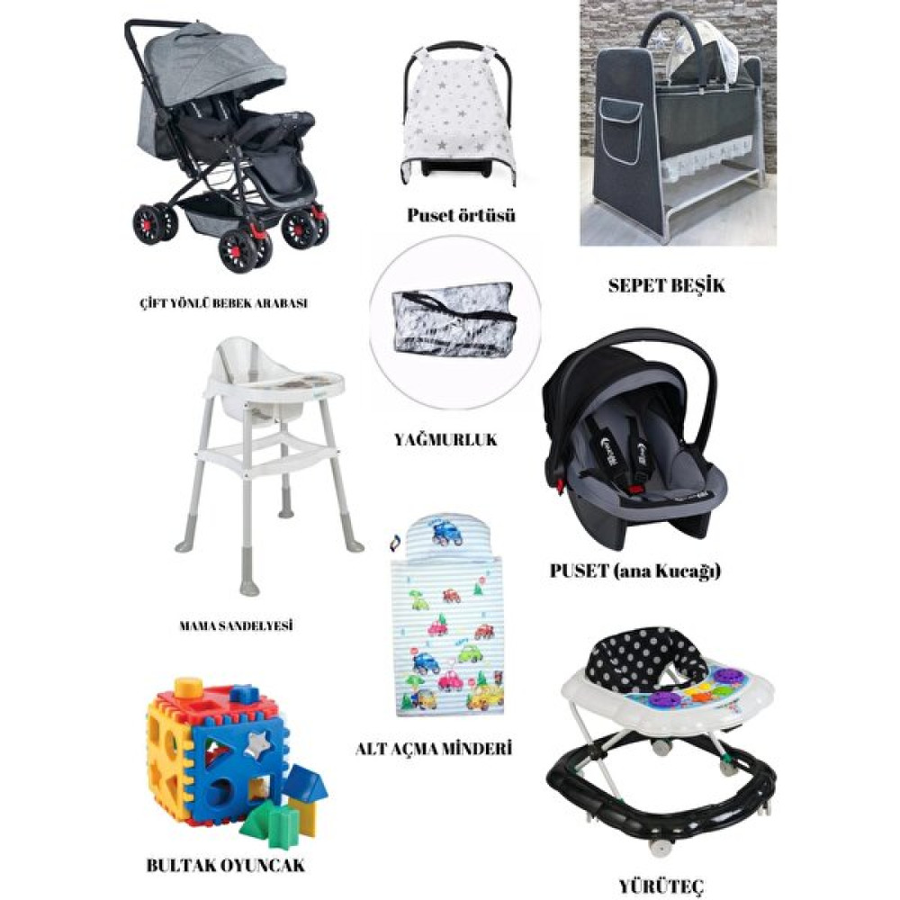 Alderon Baby Bebek Beşiği Çift Yönlü Bebek Arabası Mama Sandelyesi Puset Yürüteç Alt Açma Minderi Yağmurluk - Gri Beşik Fiyatı