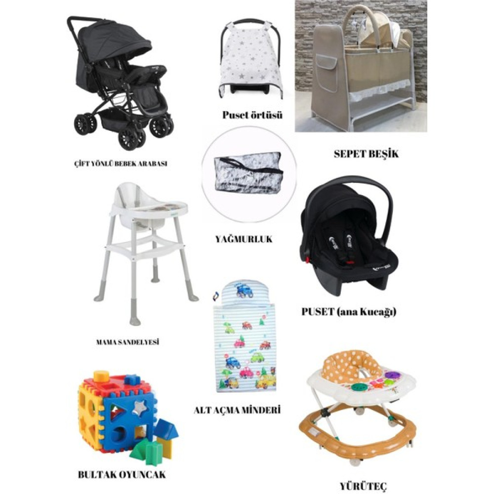 Alderon Baby Bebek Beşiği Çift Yönlü Bebek Arabası Mama Sandelyesi Puset Yürüteç Alt Açma Minderi Yağmurluk - Siyah - Krem Beşik Fiyatı