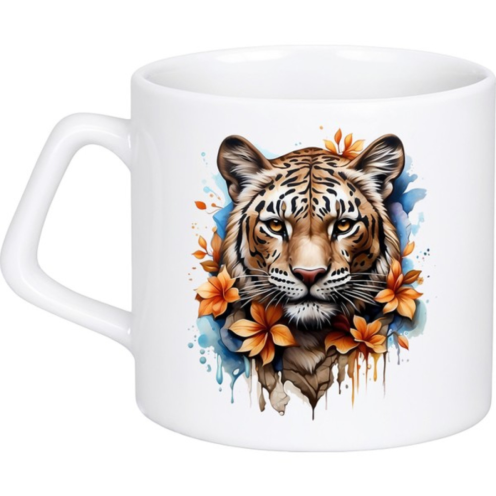 Aldesid Watercolor Tiger With Flowers - Suluboya Kaplan Baskılı Kupa Bardak, Beyaz Porselen Kupa - 225 ml Fincan / Bardak / Kahve Takımı Fiyatı