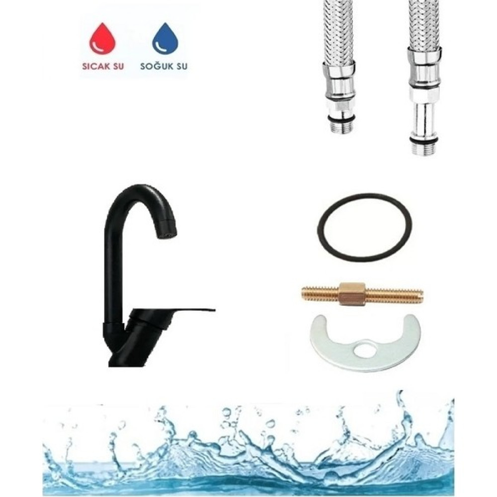 Alecra Full Siyah Baston Borulu Banyo Lavabo Bataryası Çeşmesi Musluğu Siyah Banyo Çeşmesi Musluğu Bataryalar & Musluklar Fiyatı