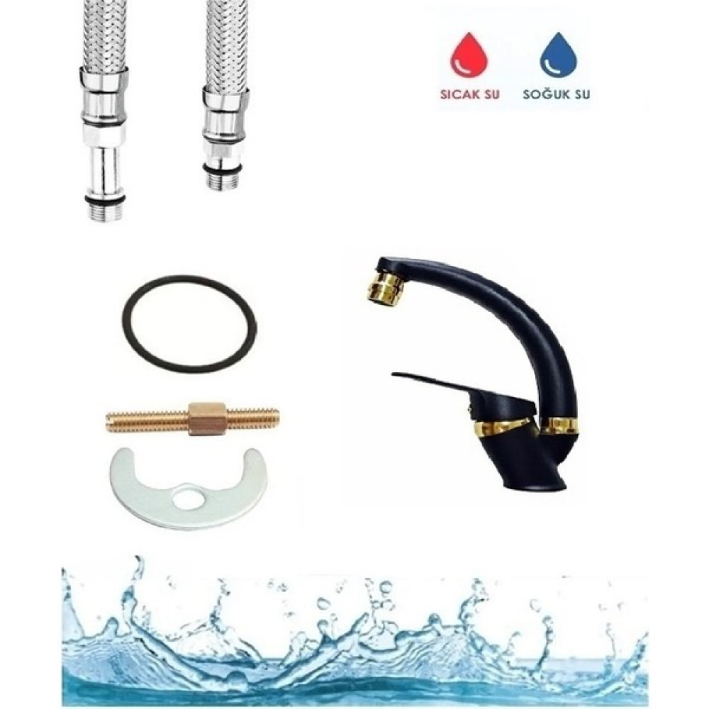 Alecra Lüks Lavabo Bataryası 1. Kalite Siyah Kaplamalı Gold Detaylı Kuğu Borulu Banyo Lavabo Bataryası Çeşmesi Musluğu Bataryalar & Musluklar Fiyatı