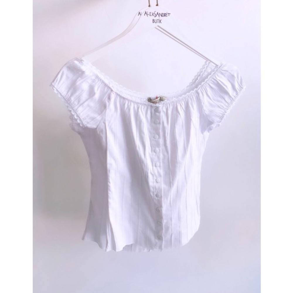 Aleksandrit Butik Vintage Girl Beyaz Crop Gömlek Bluz Fiyatı