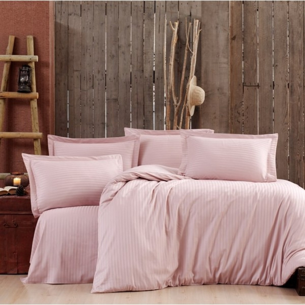 Alena Home %100 Pamuk Saten (Lastikli Çarşaflı) Çizgili Çift Kişilik Nevresim Takımı - Pudra - 180 x 200 cm Nevresim Takımı Fiyatı
