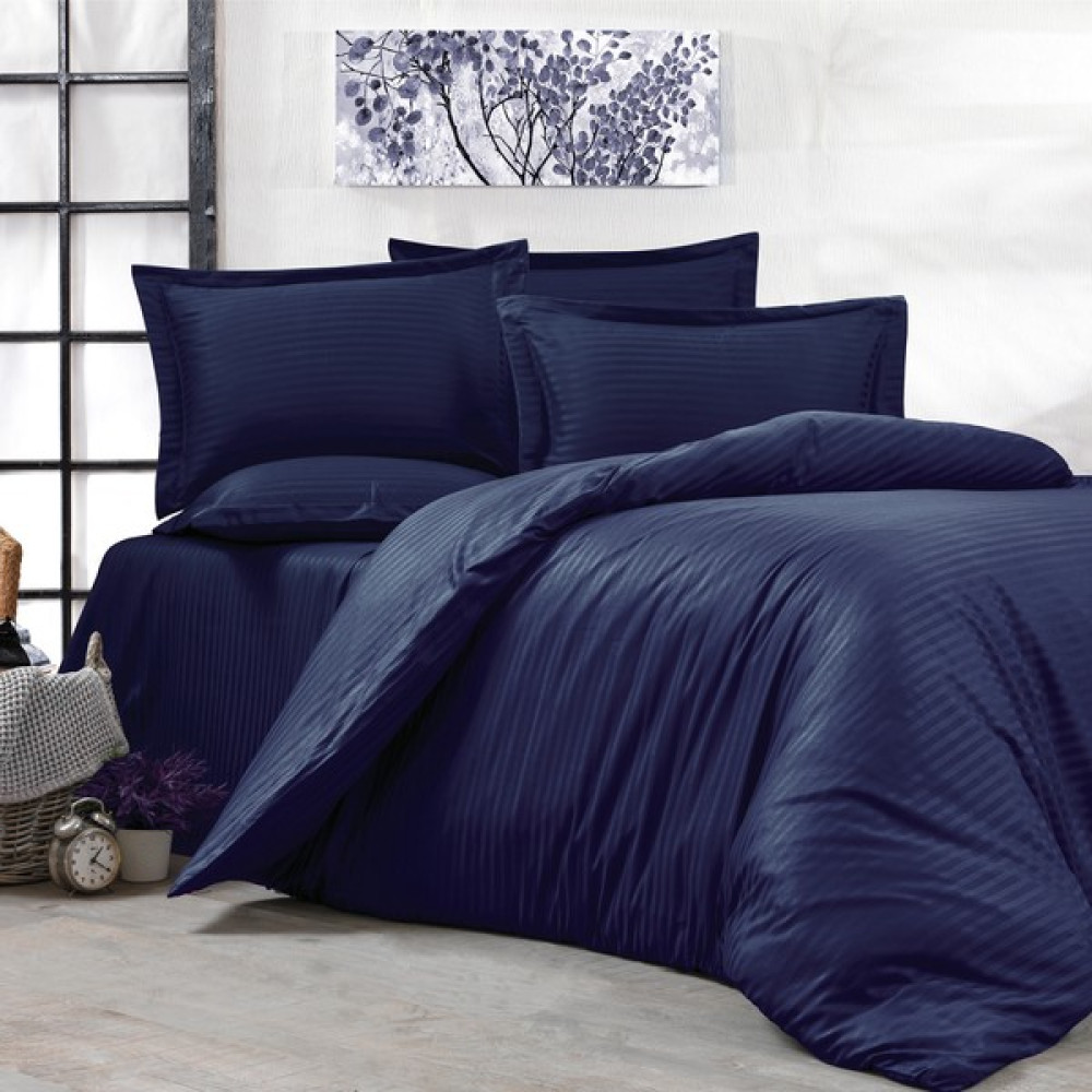 Alena Home %100 Pamuk Saten (Lastikli Çarşaflı) Çizgili Tek Kişilik Nevresim Takımı - 120 x 200 cm - İndigo Nevresim Takımı Fiyatı