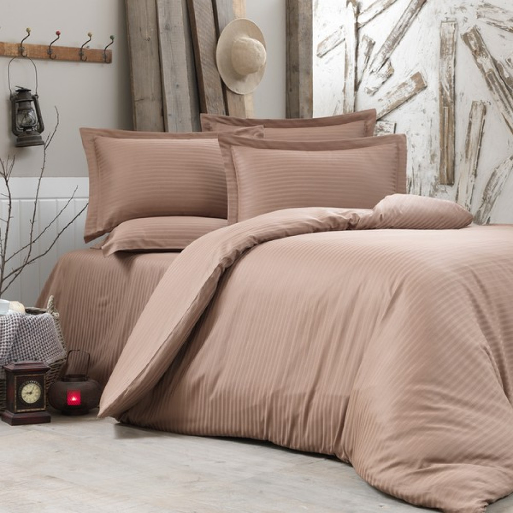 Alena Home %100 Pamuk Saten (Lastikli Çarşaflı) Çizgili Tek Kişilik Nevresim Takımı - 120 x 200 cm - Sütlü Kahverengi Nevresim Takımı Fiyatı