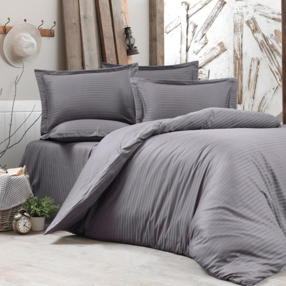 Alena Home %100 Pamuk Saten (Lastikli Çarşaflı) Çizgili Tek Kişilik Nevresim Takımı - Antrasit - 120 x 200 cm Nevresim Takımı Fiyatı