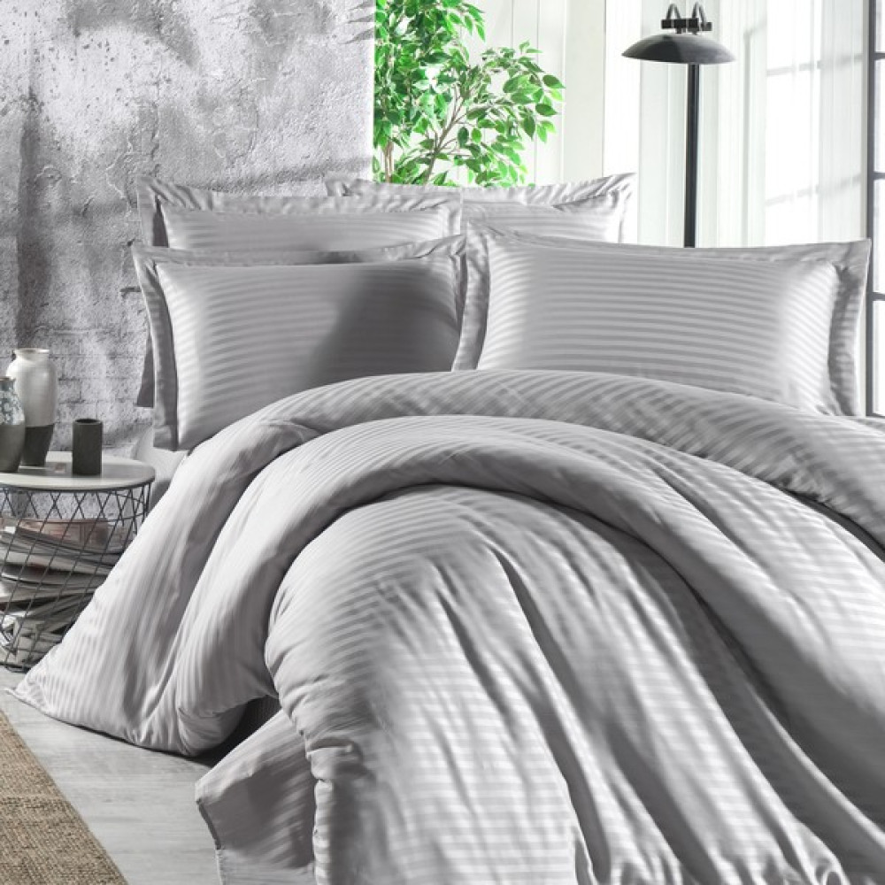 Alena Home %100 Pamuk Saten (Lastikli Çarşaflı) Çizgili Tek Kişilik Nevresim Takımı - Gri - 120 x 200 cm Nevresim Takımı Fiyatı