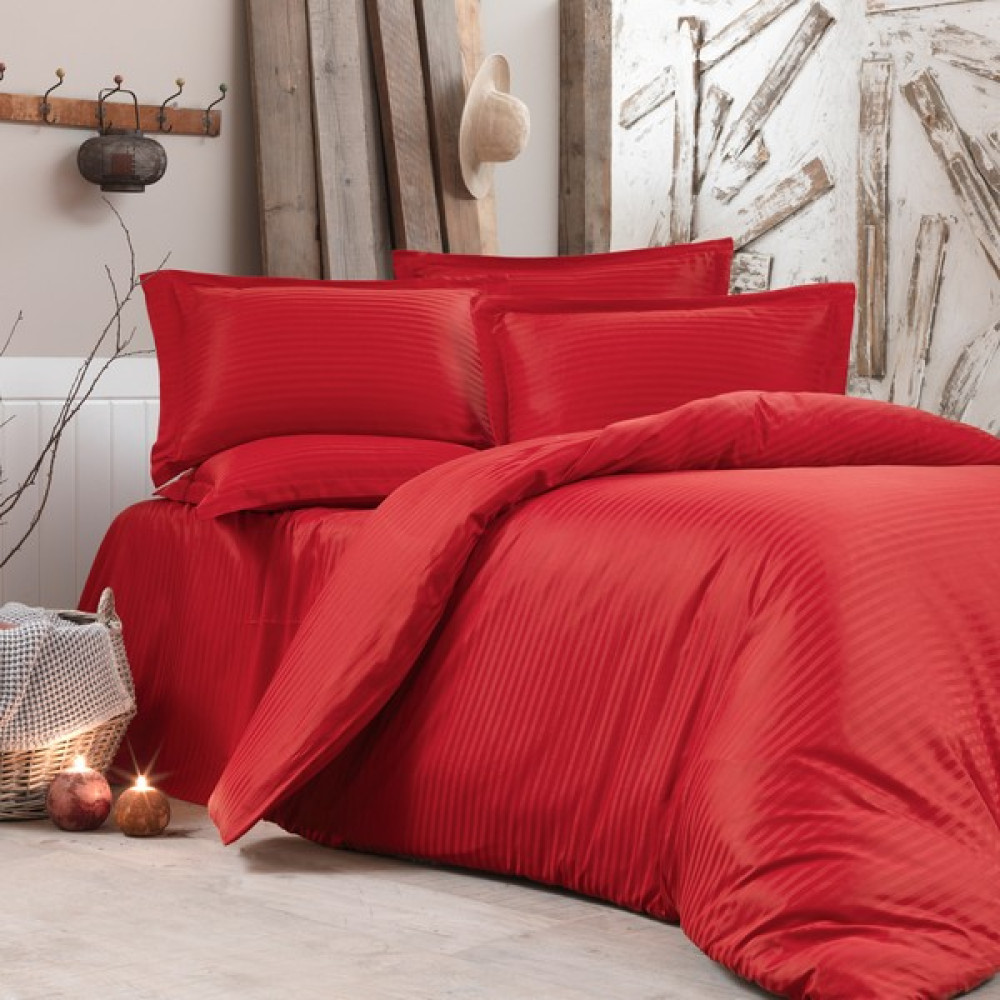 Alena Home %100 Pamuk Saten (Lastikli Çarşaflı) Çizgili Tek Kişilik Nevresim Takımı - Kırmızı - 120 x 200 cm Nevresim Takımı Fiyatı