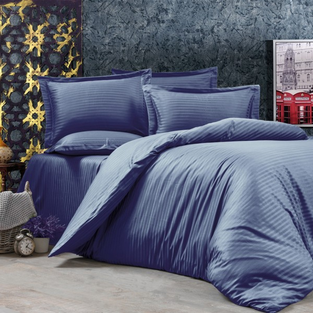 Alena Home %100 Pamuk Saten (Lastikli Çarşaflı) Çizgili Tek Kişilik Nevresim Takımı - Lacivert - 120 x 200 cm Nevresim Takımı Fiyatı