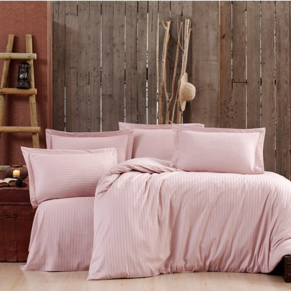 Alena Home %100 Pamuk Saten (Lastikli Çarşaflı) Çizgili Tek Kişilik Nevresim Takımı - Pudra - 120 x 200 cm Nevresim Takımı Fiyatı