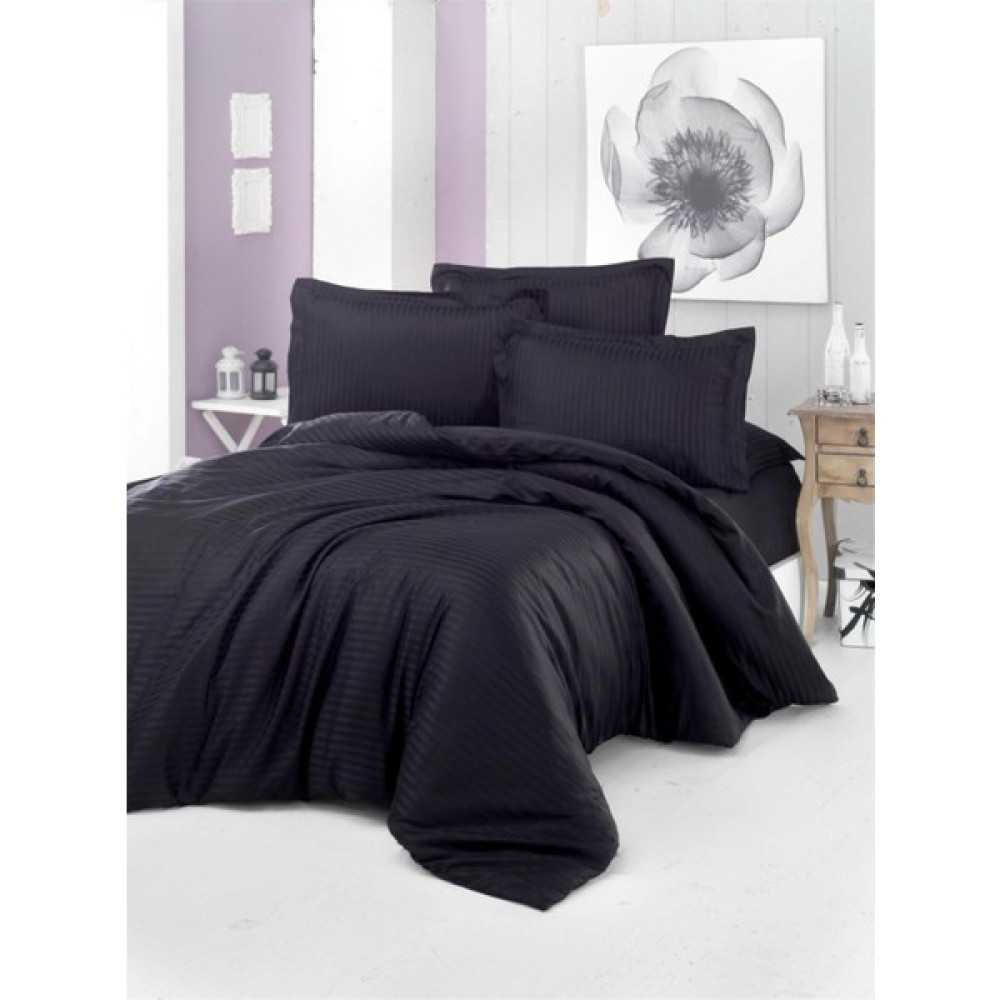 Alena Home %100 Pamuk Saten (Lastikli Çarşaflı) Çizgili Tek Kişilik Nevresim Takımı - Siyah - 120 x 200 cm Nevresim Takımı Fiyatı