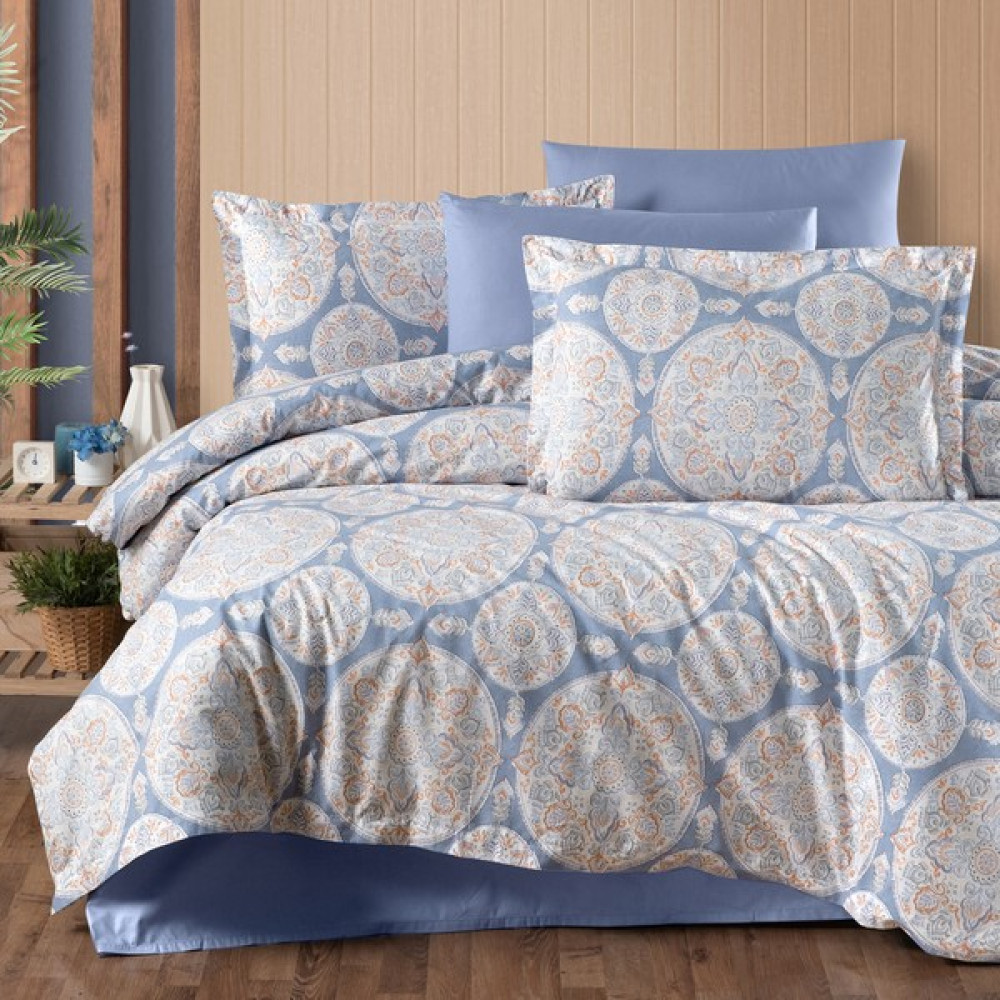 Alena Home %100 Pamuklu Desenli Çift Kişilik Nevresim Takımı 180X200 (Lastikli Çarşaflı) - Mavi - 180 x 200 cm Nevresim Takımı Fiyatı