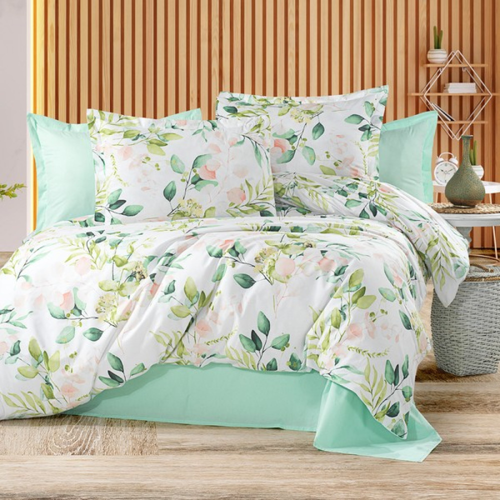 Alena Home %100 Pamuklu Yeşil Çiçek Desenli Çift Kişilik Nevresim Takımı 180X200 (Lastikli Çarşaflı) - 180 x 200 cm Nevresim Takımı Fiyatı