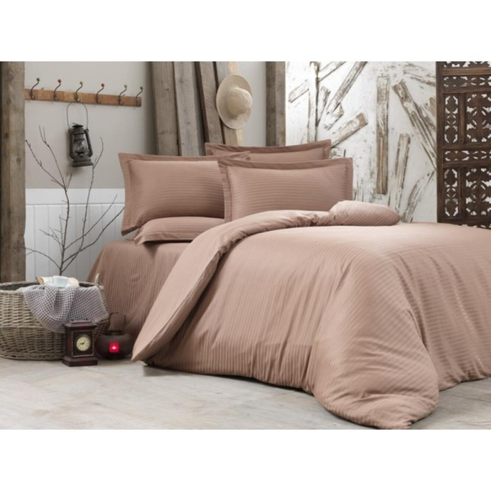 Alena Home Pamuk Saten (Lastikli Çarşaflı) Çizgili Çift Kişilik Nevresim Takımı - Açık Kahverengi - 180 x 200 cm Nevresim Takımı Fiyatı