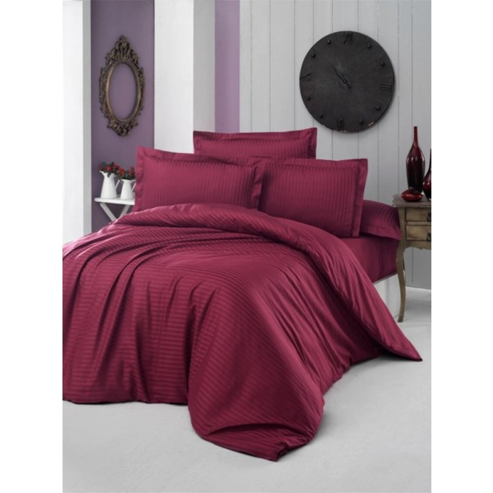 Alena Home Pamuk Saten (Lastikli Çarşaflı) Çizgili Çift Kişilik Nevresim Takımı - Bordo - 180 x 200 cm Nevresim Takımı Fiyatı