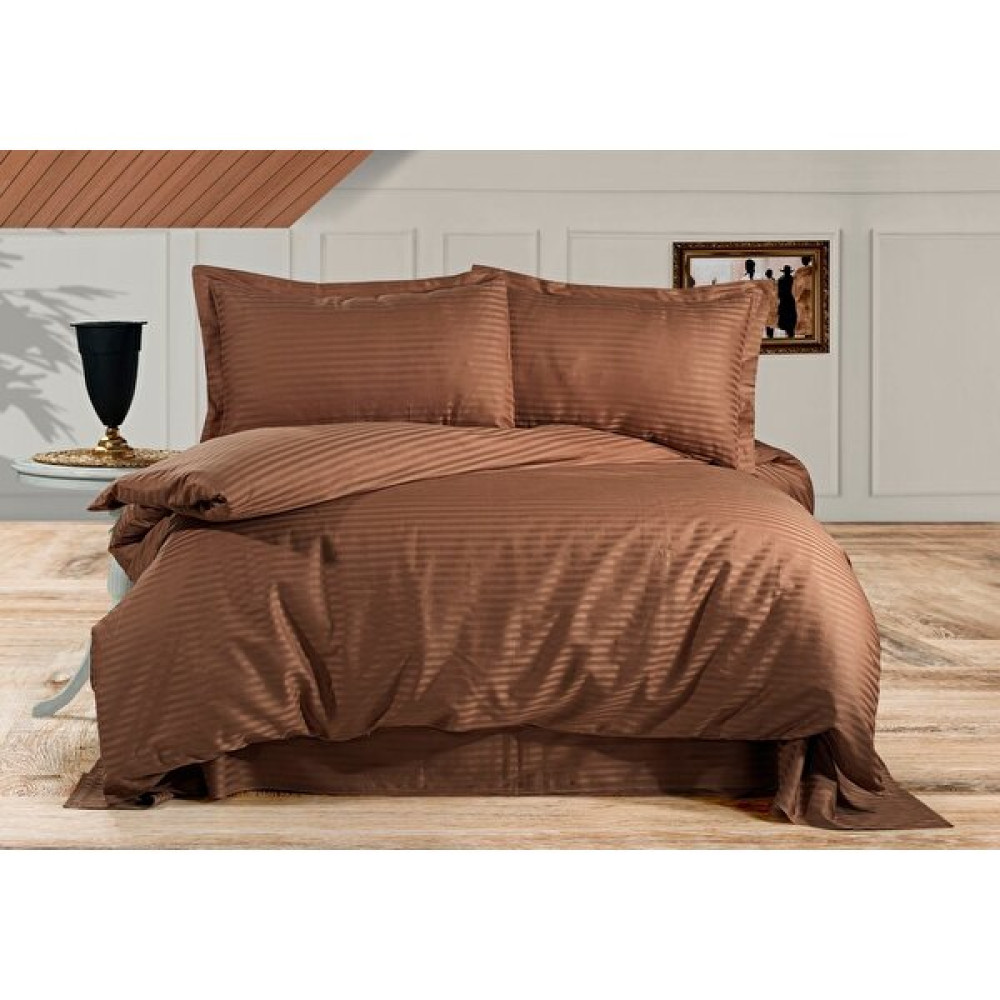 Alena Home Pamuk Saten (Lastikli Çarşaflı) Çizgili Çift Kişilik Nevresim Takımı - Kahverengi - 180 x 200 cm Nevresim Takımı Fiyatı