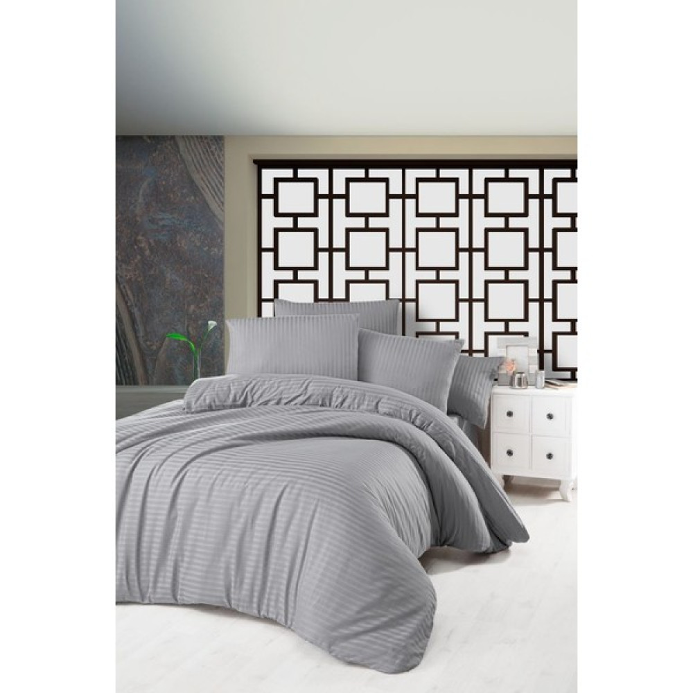 Alena Home Pamuklu Otel Serisi Çizgili Çift Kişilik Nevresim Takımı (Lastikli Çarşaflı) - Gri - 180 x 200 cm Nevresim Takımı Fiyatı