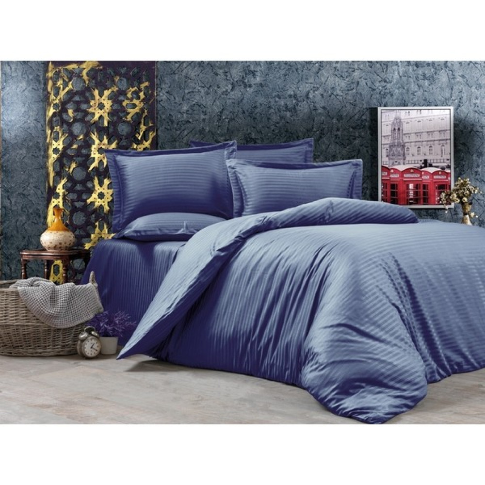 Alena Home Pamuklu Otel Serisi Çizgili Çift Kişilik Nevresim Takımı (Lastikli Çarşaflı) - Lacivert - 180 x 200 cm Nevresim Takımı Fiyatı