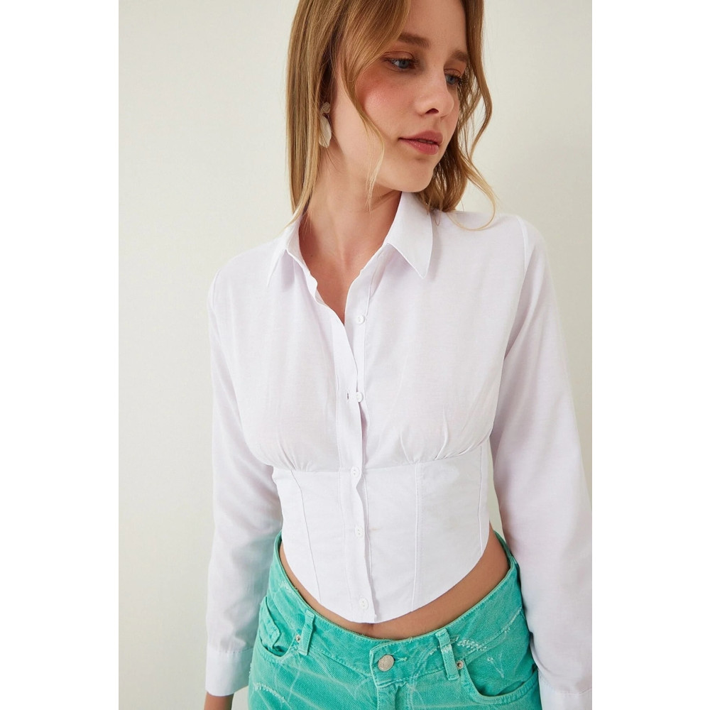 alenmoda Kadın Beyaz Korseli Beli Lastikli Crop S Beden Kadın Gömlek Fiyatı