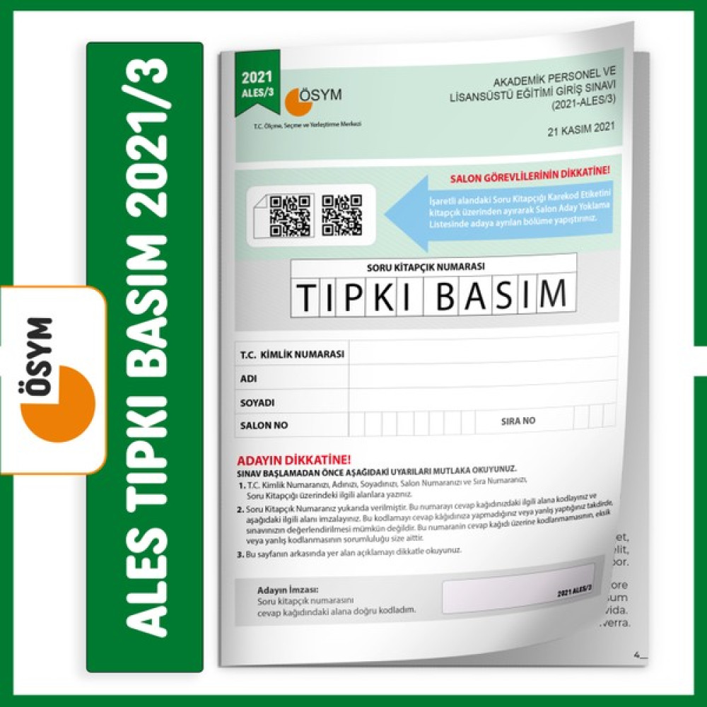 ALES 2021/3 ÖSYM Tıpkı Basım Türkiye Geneli Dijital Çözümlü Çıkmış Soru Deneme Kitapçığı Kaynak Kitapları Fiyatı
