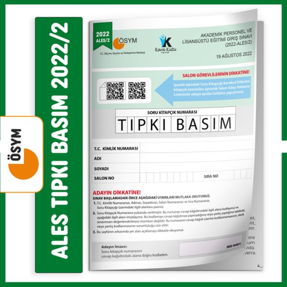 Ales 2022/2 ÖSYM Tıpkı Basım Türkiye Geneli Dijital Çözümlü Çıkmış Soru Deneme Kitapçığı Temel Yeterlilik Testi (TYT) Fiyatı