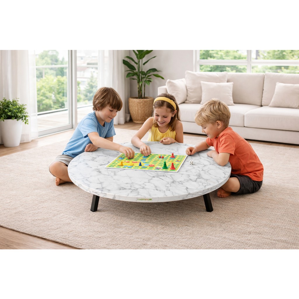 Alesta Life 100 cm Beyaz Katlanabilir Metal Ayaklı Yer Sofrası | Hamur Açma Tahtası | Oyun Masası - 21 cm Yükseklik - Beyaz Mermer - 100x100 Diğer Fiyatı