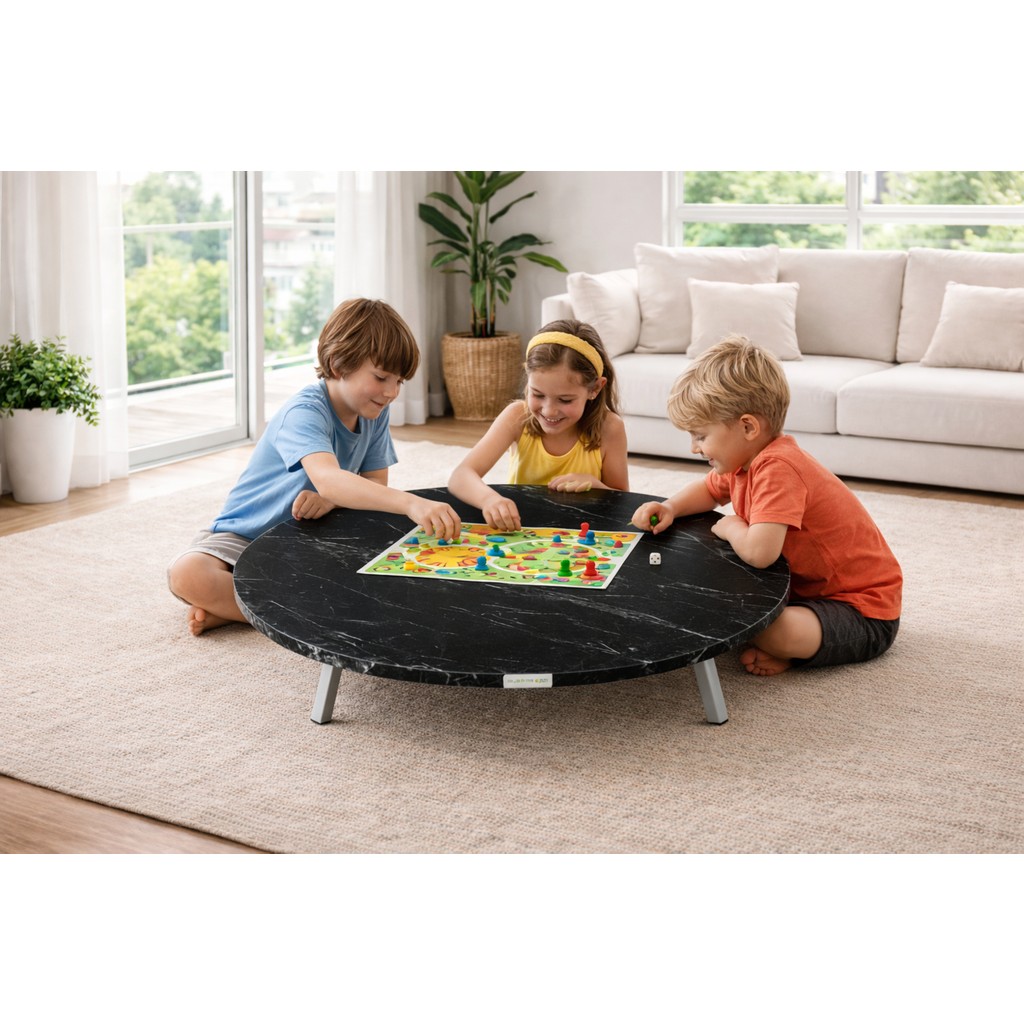 Alesta Life 100 cm Siyah Katlanabilir Metal Ayaklı Yer Sofrası | Hamur Açma Tahtası | Oyun Masası - 21 cm Yükseklik - Mermer - Siyah - 100x100 Diğer Fiyatı