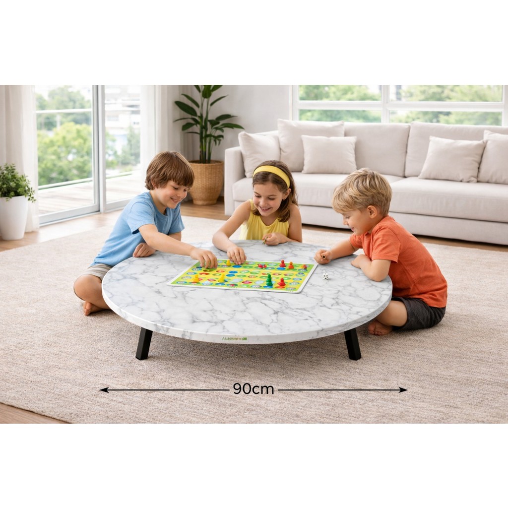 Alesta Life 90 cm Beyaz Katlanabilir Metal Ayaklı Yer Sofrası | Hamur Açma Tahtası | Oyun Masası - 21 cm Yükseklik - Beyaz Mermer - 90x90 Diğer Fiyatı