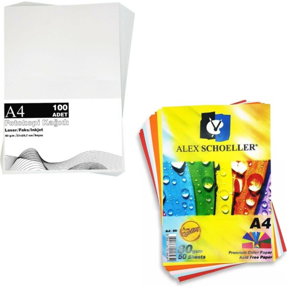 Alex Schoeller Renkli Fotokopi Kağıdı 50'li + Copier A4 Fotokopi Kağıdı 100'LÜ Fotokopi Kağıdı Fiyatı