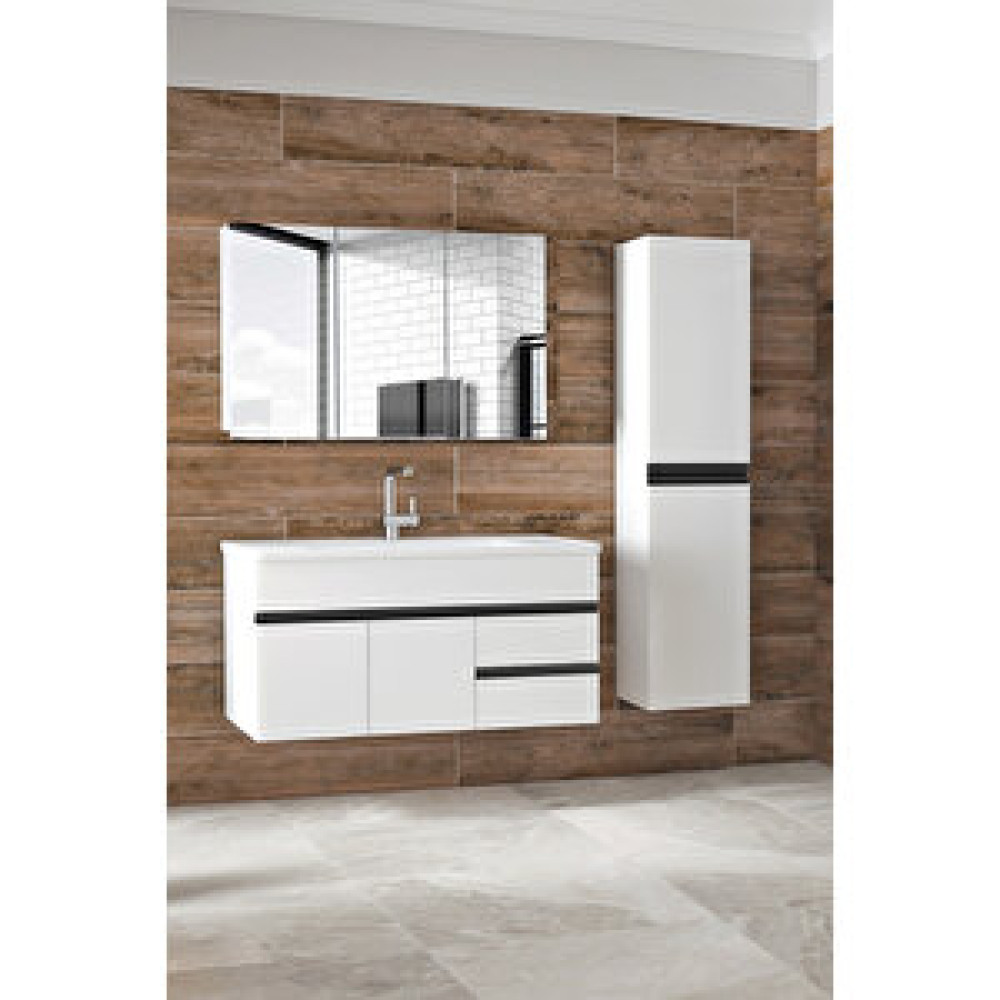 Alfa Banyo Esen Beyaz-Siyah 100+35 Cm Boy Dolaplı Seramik Lavabolu Banyo Dolabı Takımı-Mdf Banyo Dolabı / Mobilyası Fiyatı