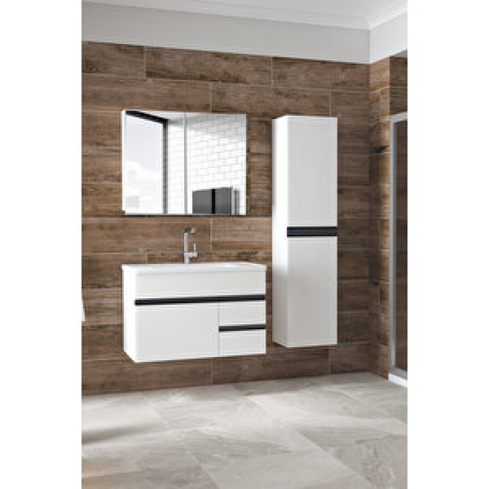 Alfa Banyo Esen Beyaz-Siyah 80+35 Cm Boy Dolaplı-Ayna Dolaplı-Seramik Lavabolu Banyo Takımı-Mdf Banyo Dolabı / Mobilyası Fiyatı