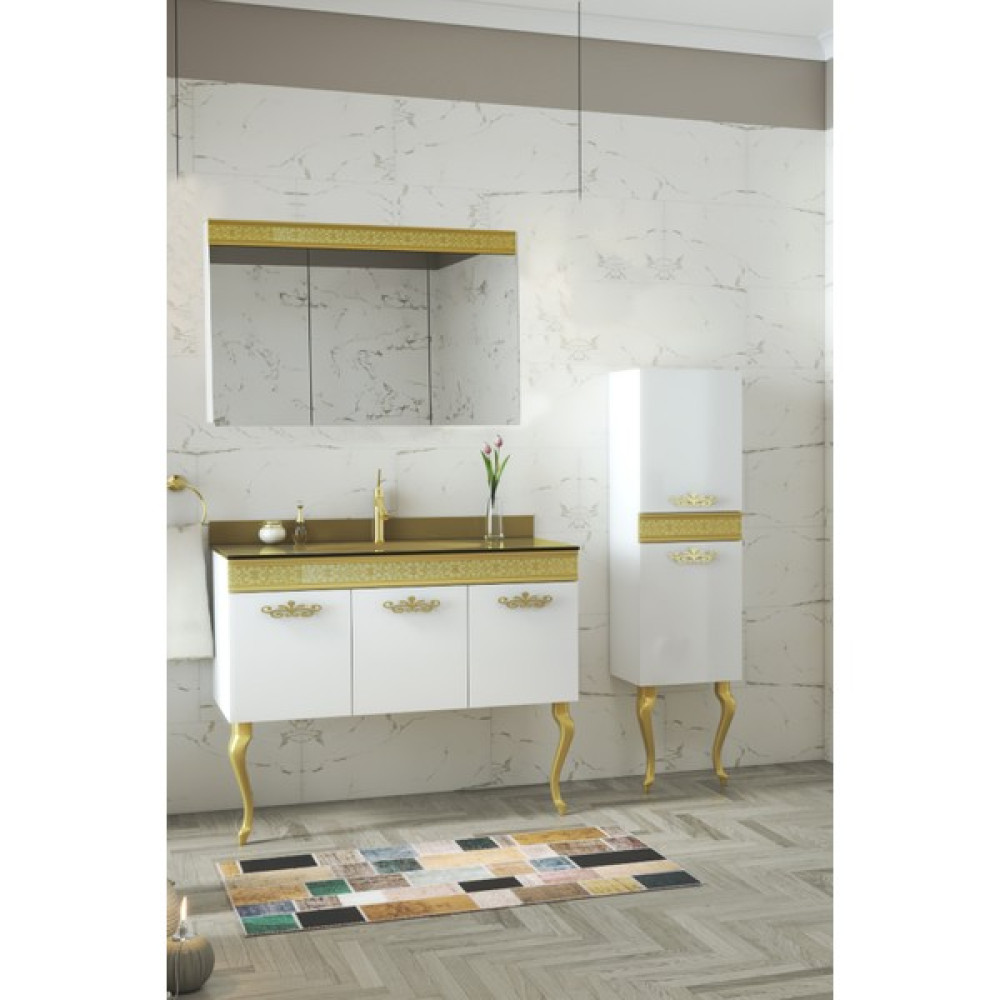 Alfa Banyo Gold Beyaz (100+35) 135 cm Boy Dolaplı Cam Lavabolu Lüx Banyo Takımı Banyo Dolabı / Mobilyası Fiyatı