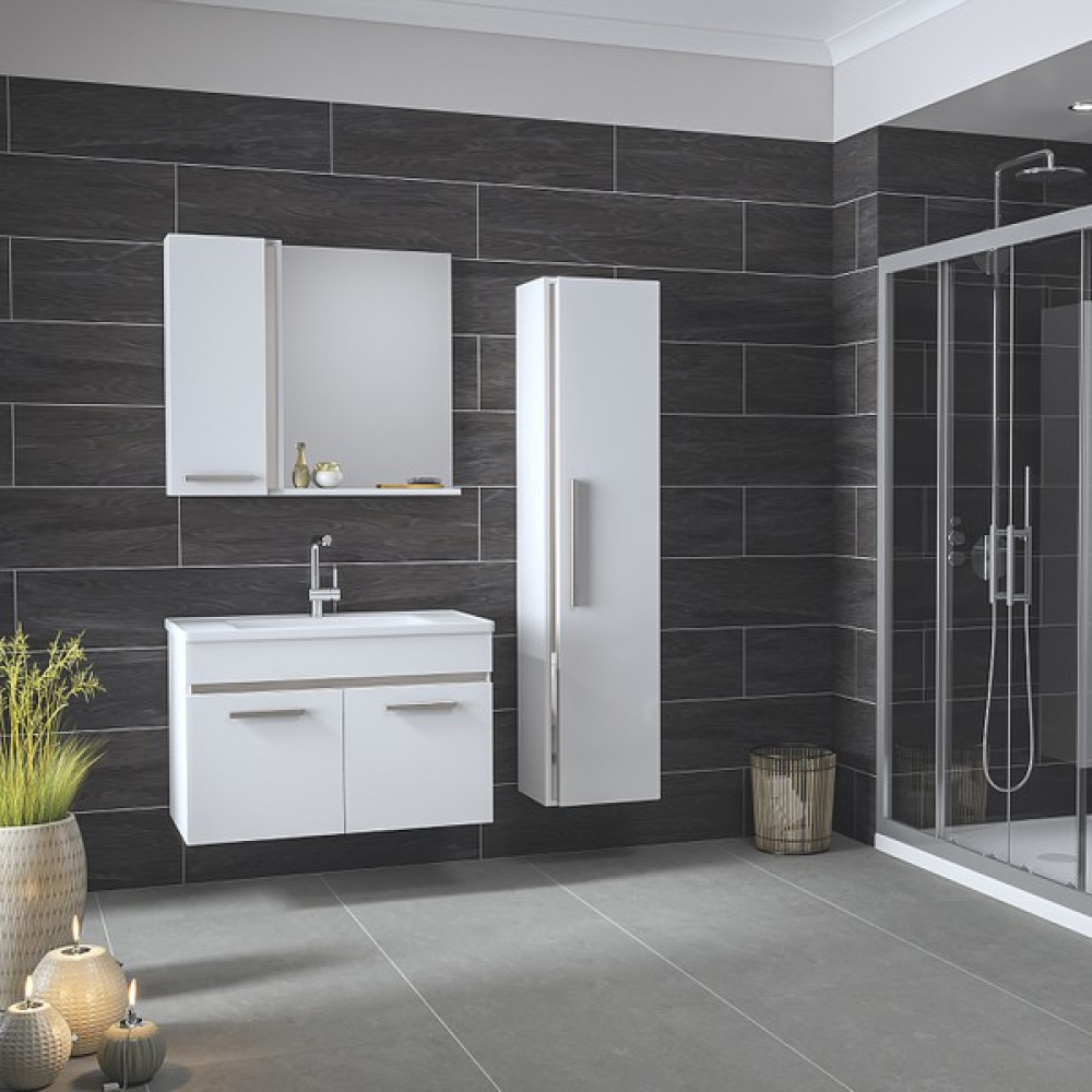 Alfa Banyo Gold Beyaz Gri (80+35) 115 cm Boy Dolaplı lavabolu banyo dolabı Banyo Takımı - Beyaz - Gri Banyo Dolabı / Mobilyası Fiyatı