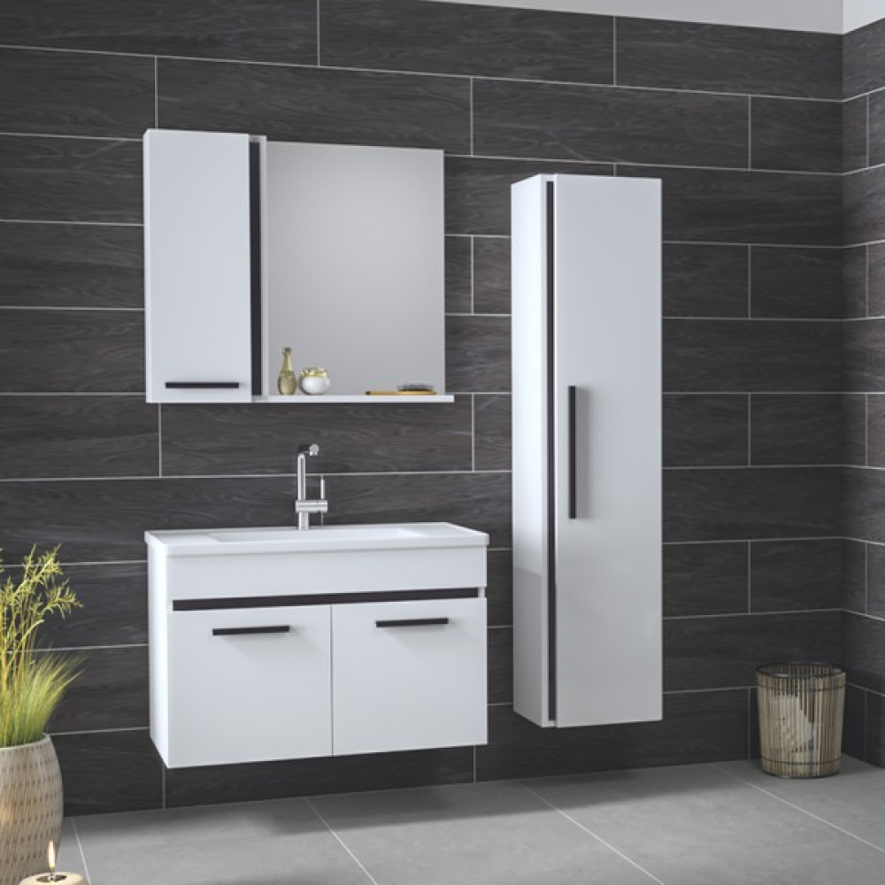 Alfa Banyo Gold Beyaz Siyah (80+35) 115 cm Boy Dolaplı lavabolu banyo dolabı-Banyo Takımı - Beyaz - Siyah Banyo Dolabı / Mobilyası Fiyatı
