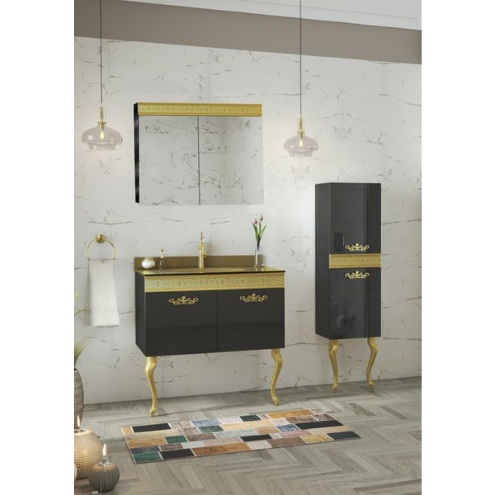 Alfa Banyo Gold Siyah (80+35) 115 cm Boy Dolaplı lavabolu banyo dolabı takımı-Lüx Banyo Takımı Banyo Dolabı / Mobilyası Fiyatı