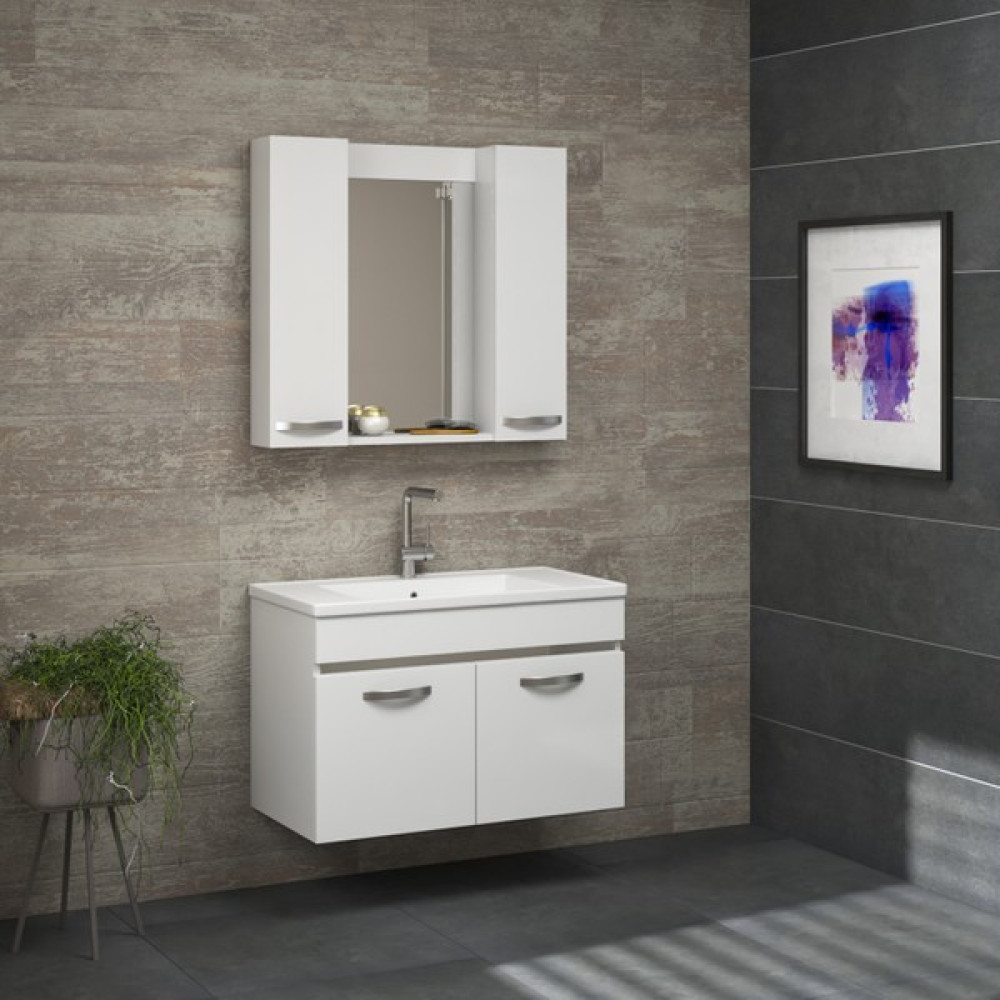 Alfa Banyo Safir Beyaz 80 cm lavabolu banyo dolabı -Banyo Takımı Banyo Dolabı / Mobilyası Fiyatı