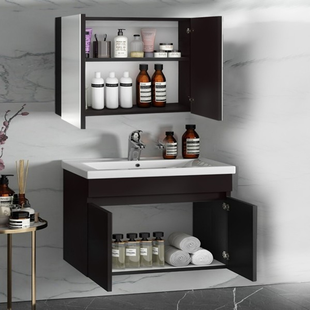 Alfa Banyo Viola 80 cm Siiyah-Mdf Hazır Kurulu Aynalı Banyo Dolabı Lavabolu Banyo Dolabı Takımı - Siyah Banyo Dolabı / Mobilyası Fiyatı