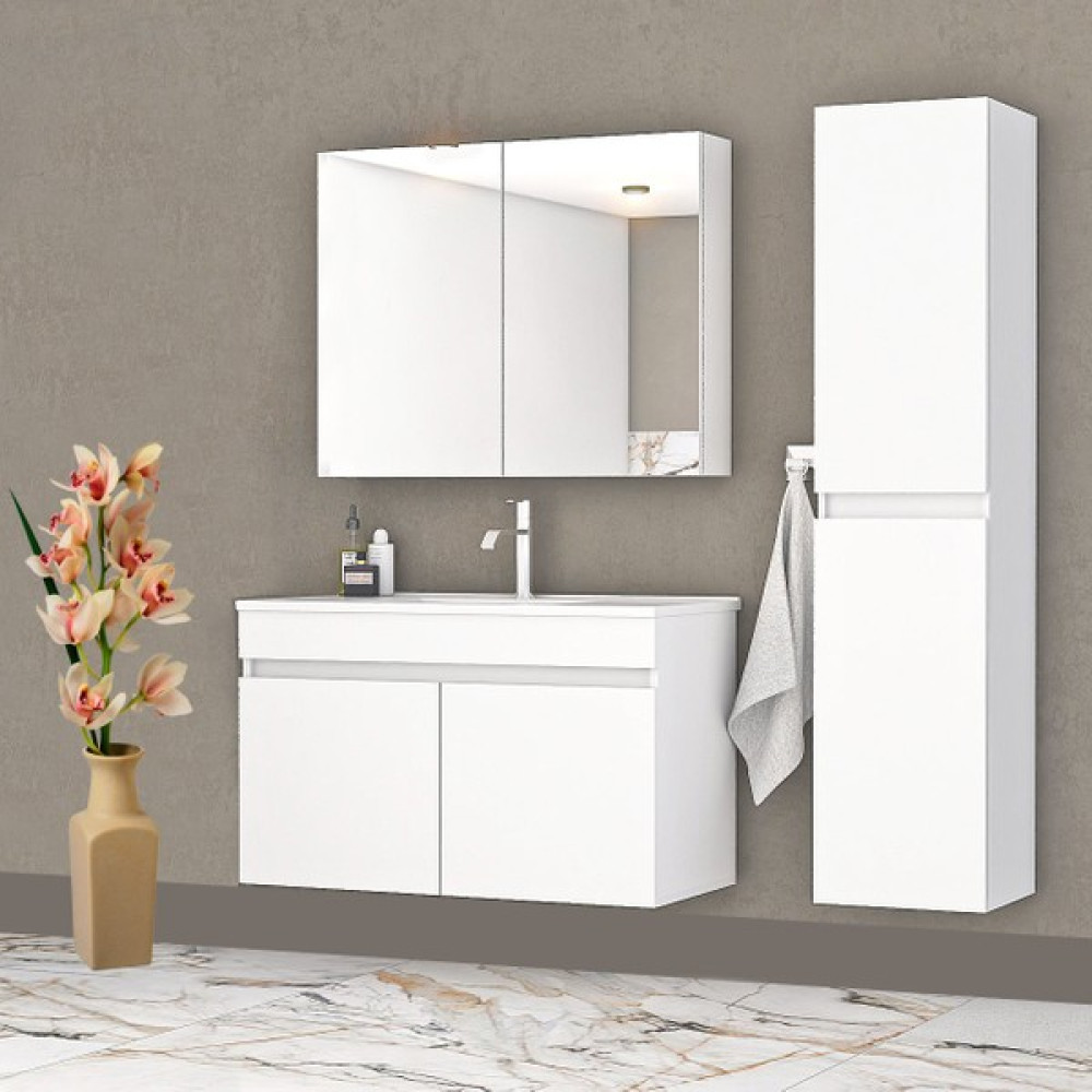 Alfa Banyo Viola Beyaz (80+35) 115 cm MDF Boy Dolaplı Lavabolu Banyo dolabı takımı**Demonte Değil** Banyo Dolabı / Mobilyası Fiyatı