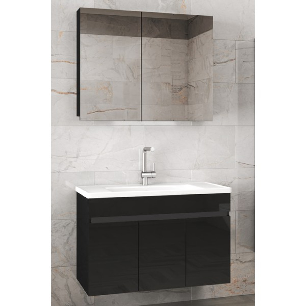 Alfa Banyo Viola3 Siyah 80 cm Mdf-Ayna Dolaplı Seramik Lavabolu Banyo Dolabı**demonte Değil** Banyo Dolabı / Mobilyası Fiyatı