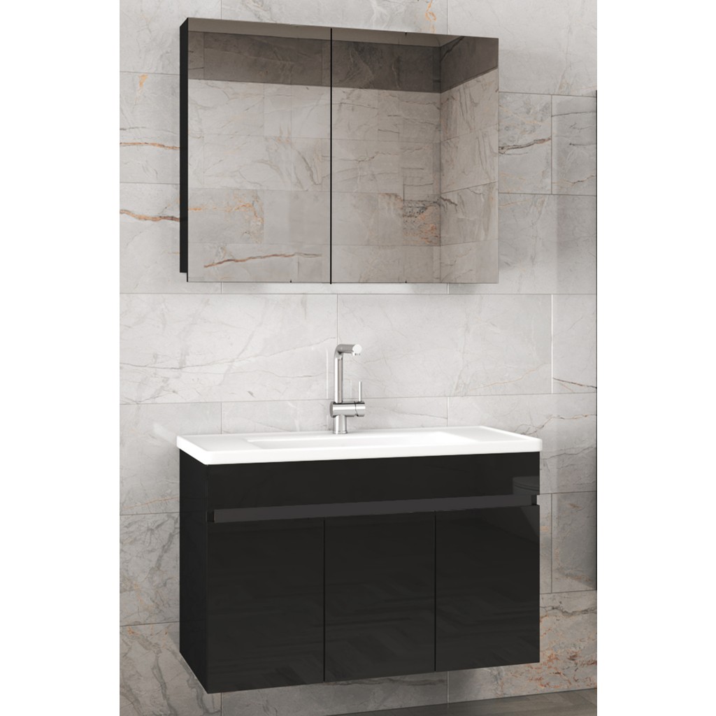 Alfa Banyo Viola3 Siyah 80 cm Mdf-Ayna Dolaplı Seramik Lavabolu Banyo Dolabı**demonte Değil** Banyo Dolabı / Mobilyası Fiyatı