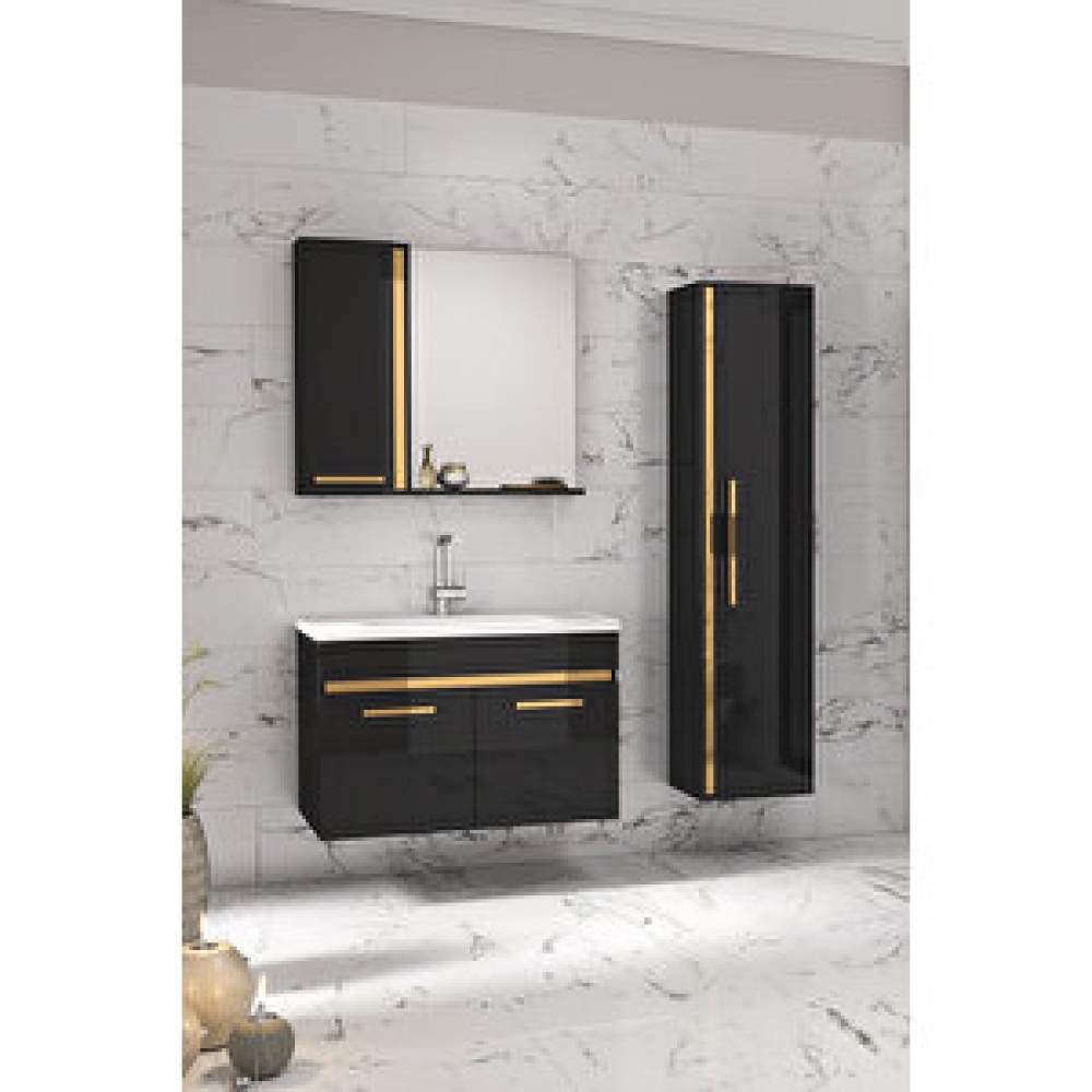 Alfa Banyo Yeni Gold Siyah 65 cm + 35 Cm Boy Dolaplı Seramik Lavabolu Banyo Dolabı Takımı-Mdf Banyo Dolabı / Mobilyası Fiyatı
