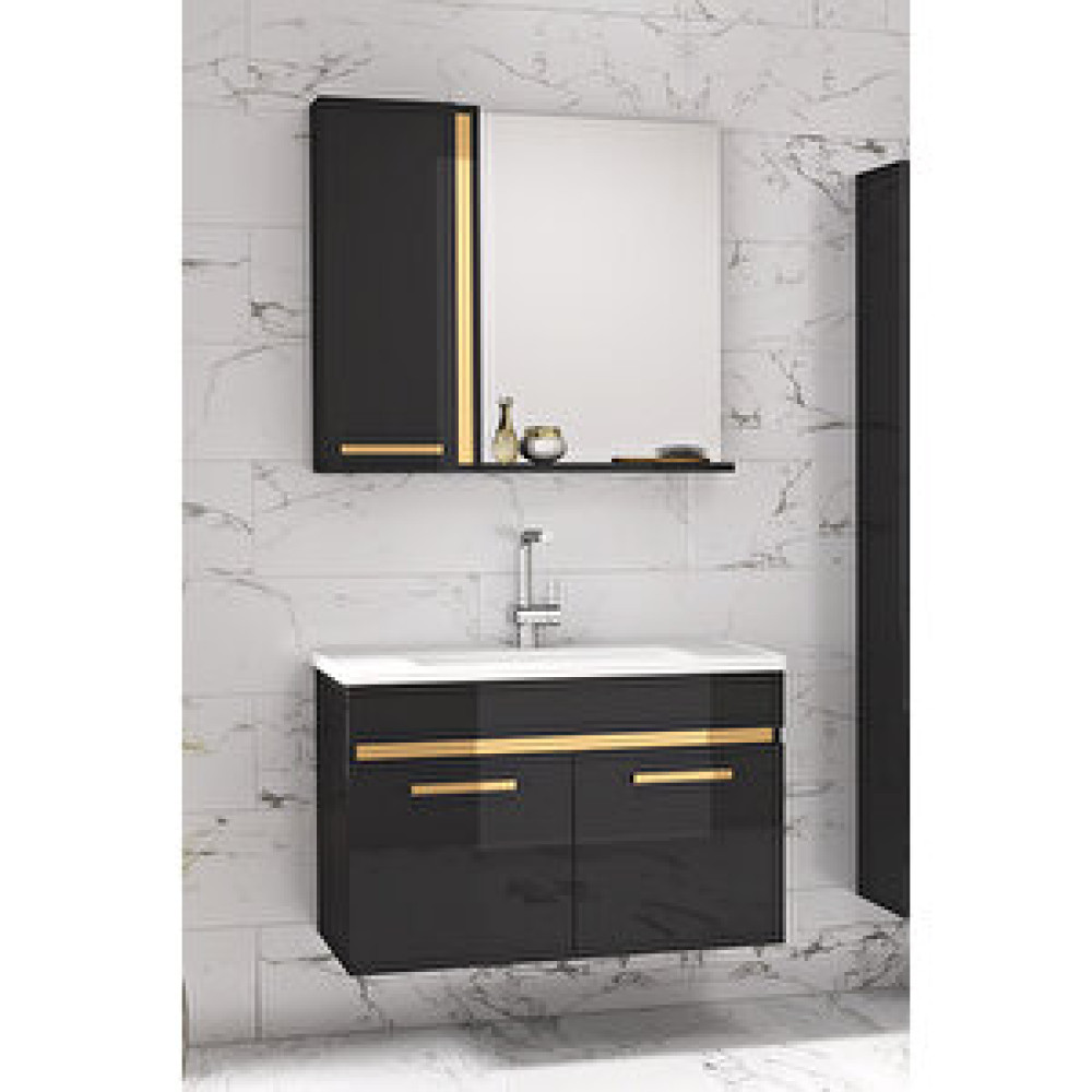 Alfa Banyo Yeni Gold Siyah 65 Cm Aynalı, Seramik Lavabolu Banyo Dolabı Takımı Banyo Dolabı / Mobilyası Fiyatı